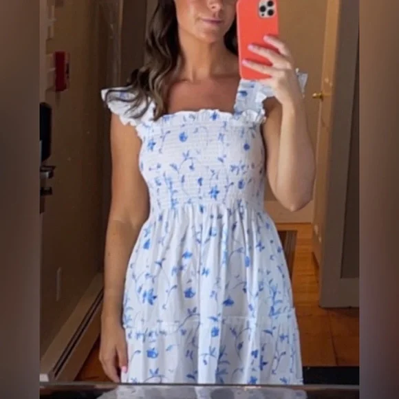 Hill House White Ellie Nap Dress Blue Botanica Smock Floral grad bump friendly - Picture 7 of 16